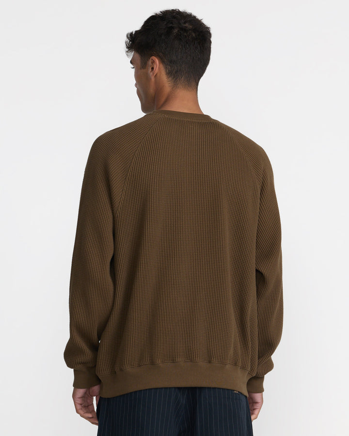 RVCA Men’s Dayshift Supply Co Crew in Bombay Brown, back view on model
