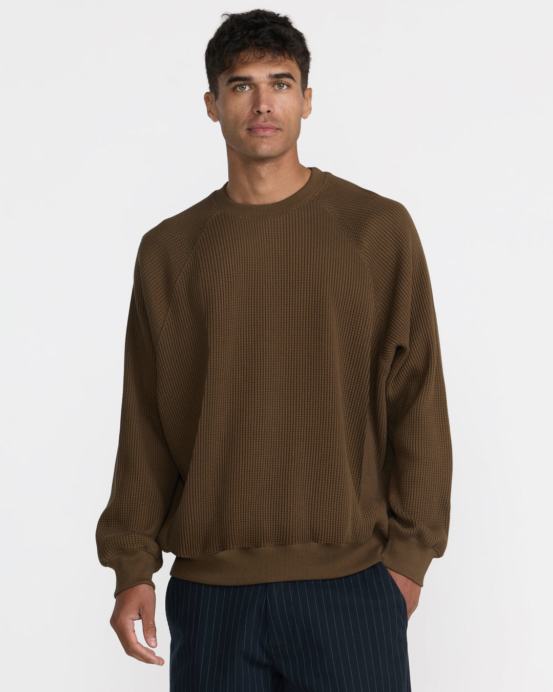 RVCA Men’s Dayshift Supply Co Crew in Bombay Brown, front view on model