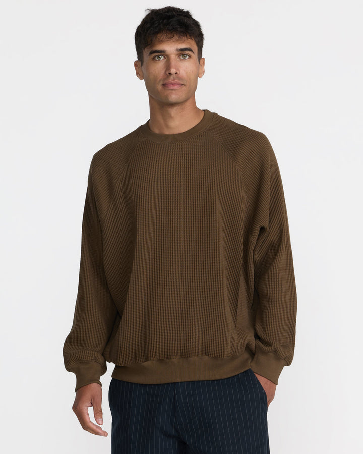 RVCA Men’s Dayshift Supply Co Crew in Bombay Brown, front view on model