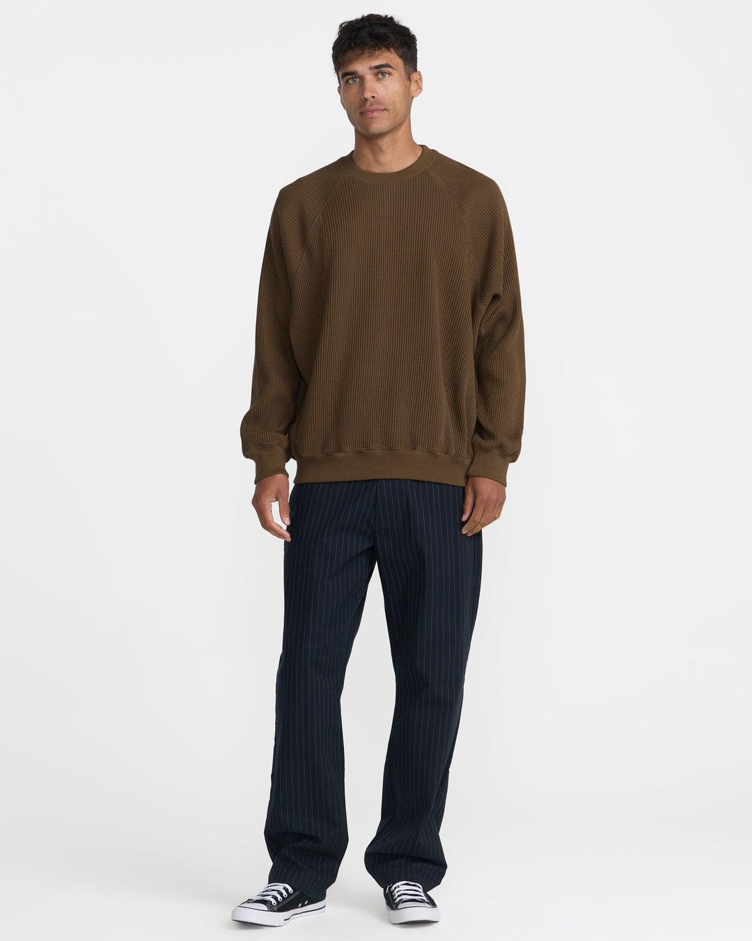 RVCA Men’s Dayshift Supply Co Crew in Bombay Brown, full-length styled view