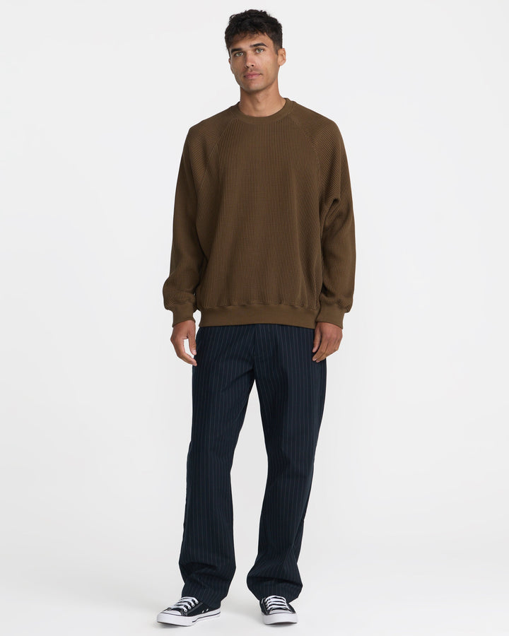 RVCA Men’s Dayshift Supply Co Crew in Bombay Brown, full-length styled view