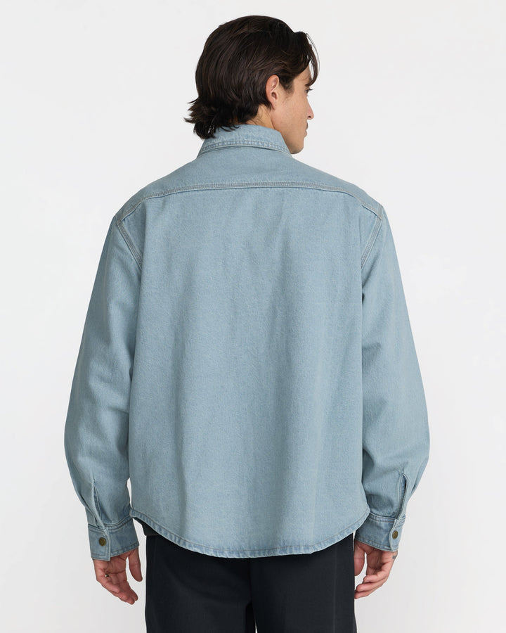 RVCA Men’s Big Rvca Overshirt in Indigo, back view on model