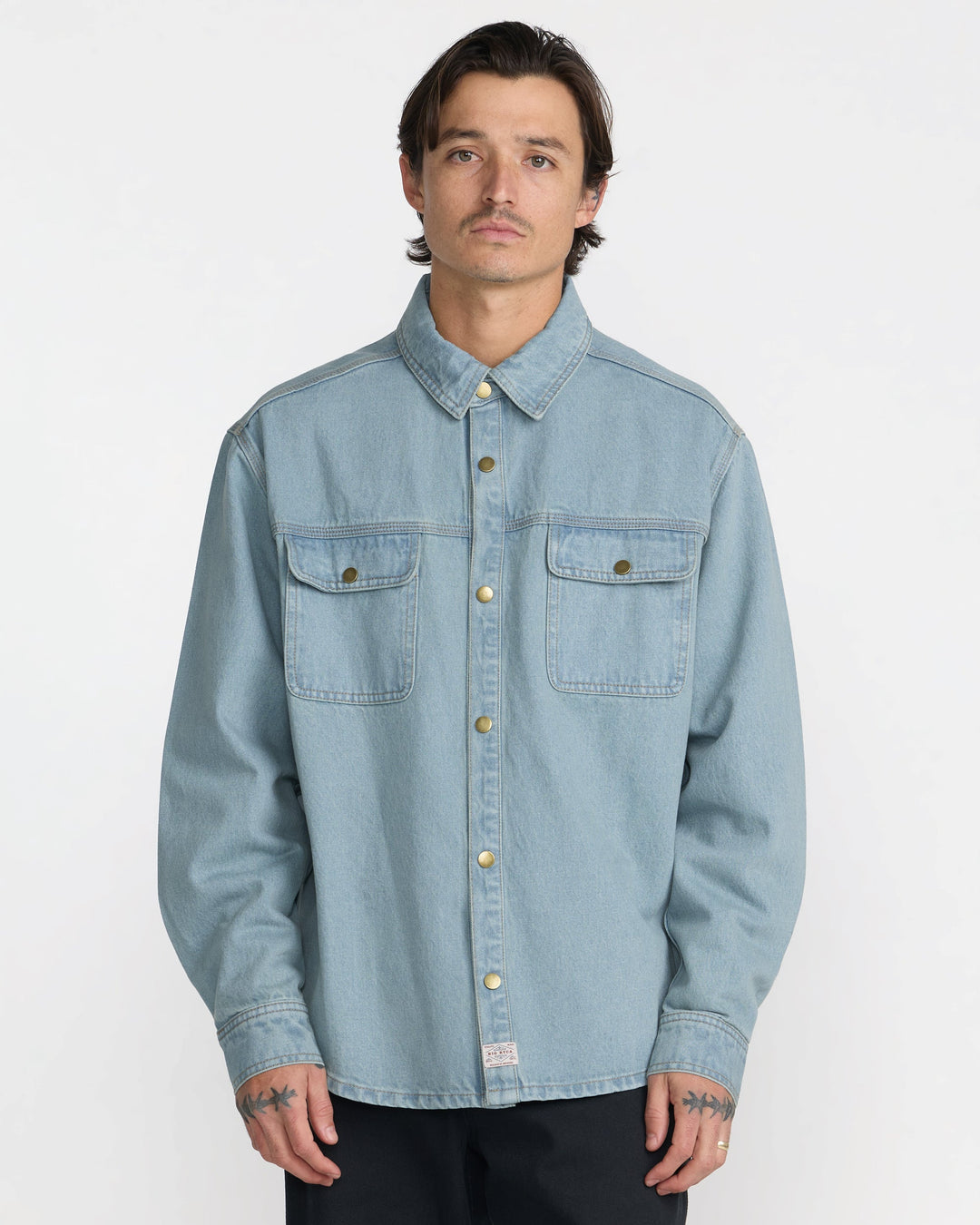 RVCA Men’s Big Rvca Overshirt in Indigo, front view on model