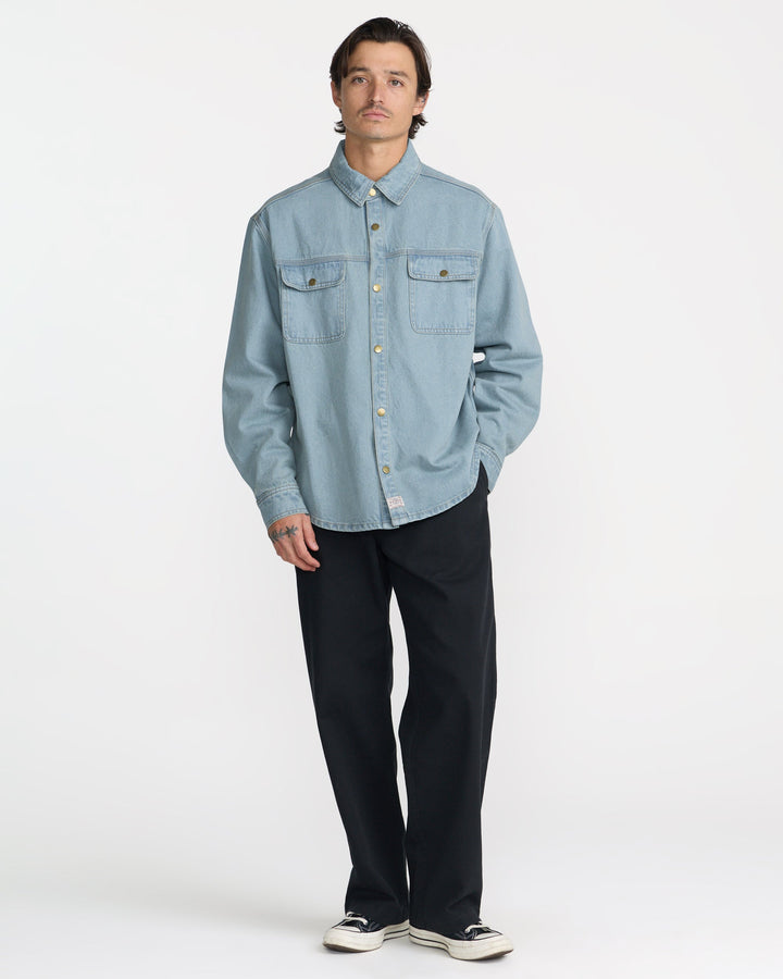 RVCA Men’s Big Rvca Overshirt in Indigo, full-length styled view