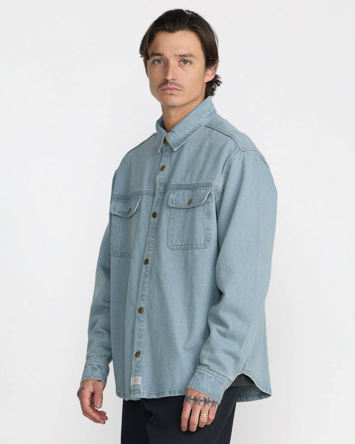 RVCA Men’s Big Rvca Overshirt in Indigo, side view on model