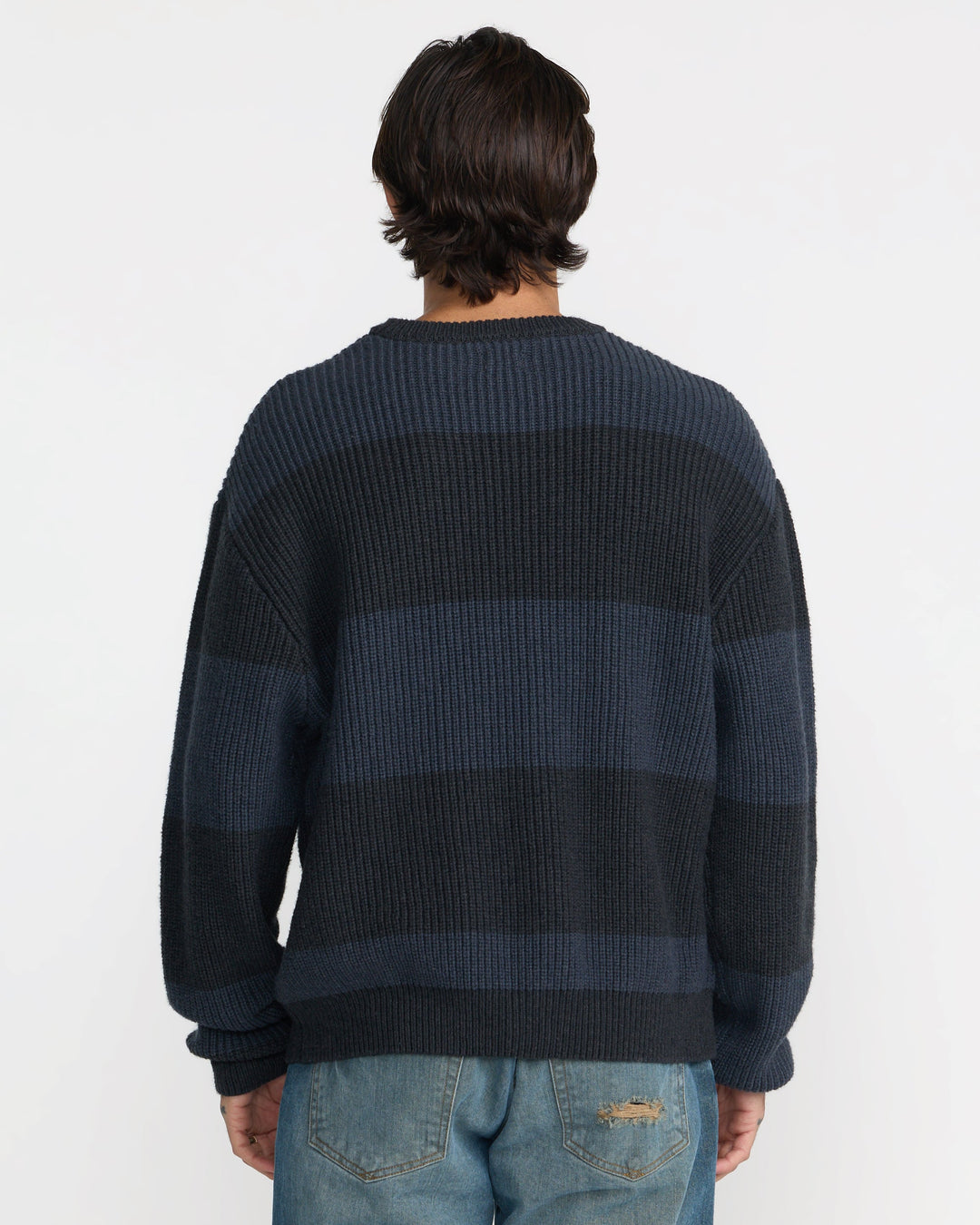 RVCA Men’s Fisherman Sweater in Pirate Black, back view on model