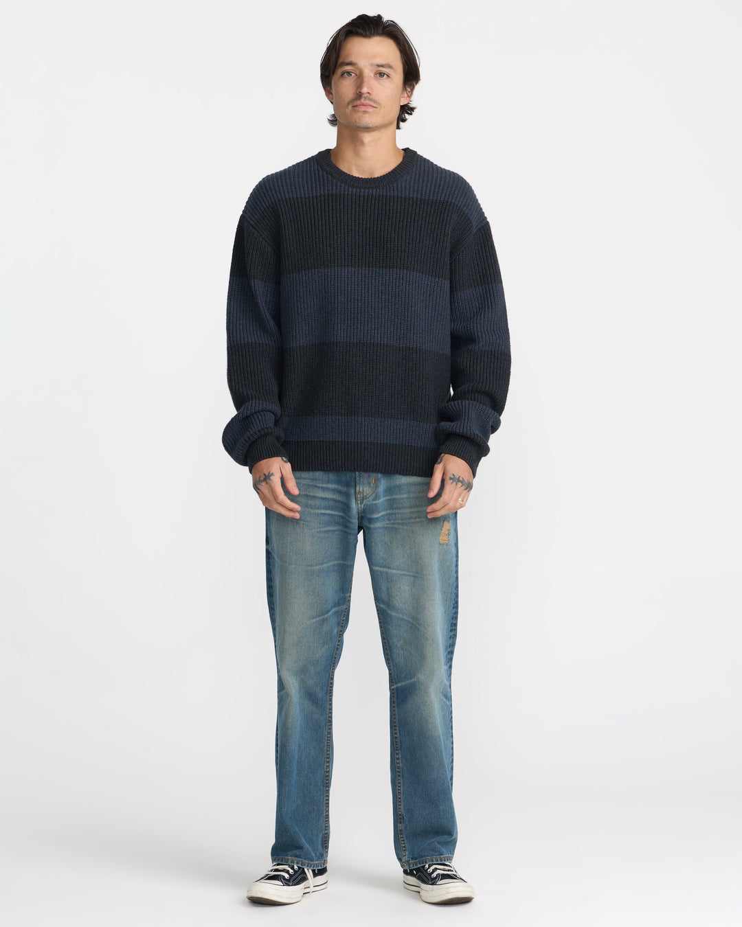 RVCA Men’s Fisherman Sweater in Pirate Black, full-length styled view