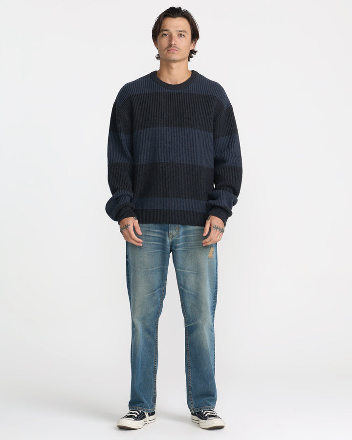 RVCA Men’s Fisherman Sweater in Pirate Black, full-length styled view