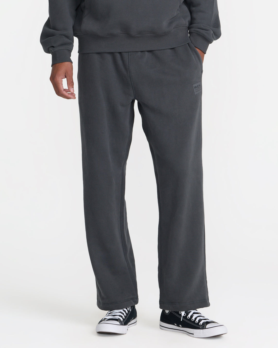 RVCA Men’s Essential Fleece Pant in Pirate Black, front view on model