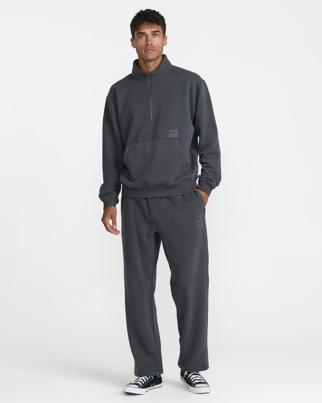 RVCA Men’s Essential Fleece Pant in Pirate Black, full-length styled view