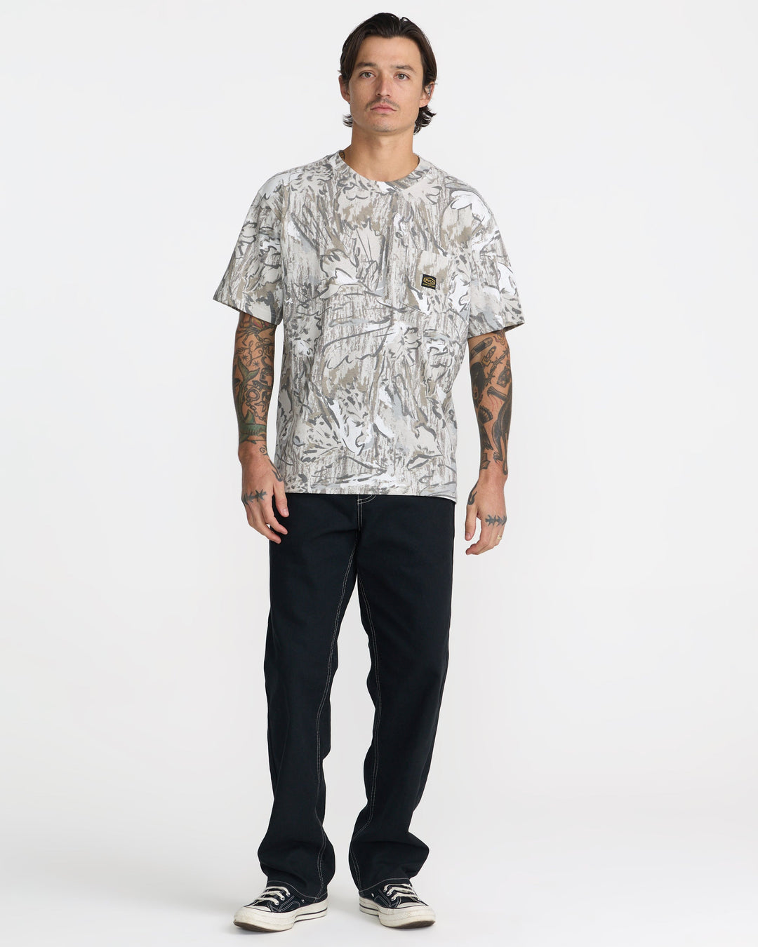 RVCA Men’s Americana Pocket Label Ss in Camo, full-length styled view