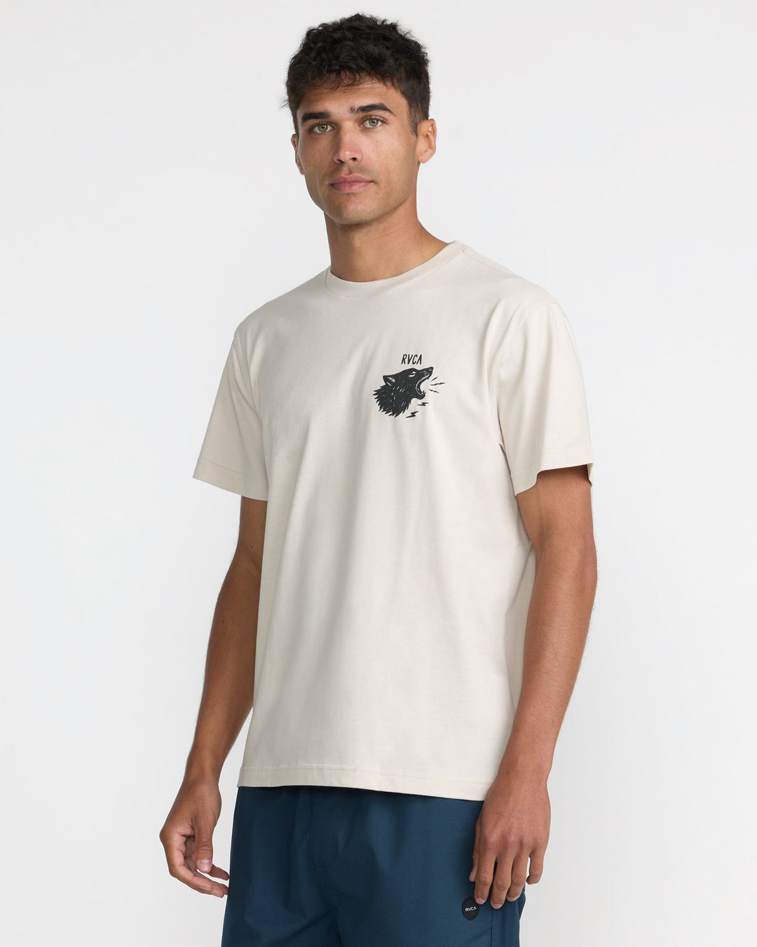 RVCA Men’s Echo Ss in Ceramic, side view on model