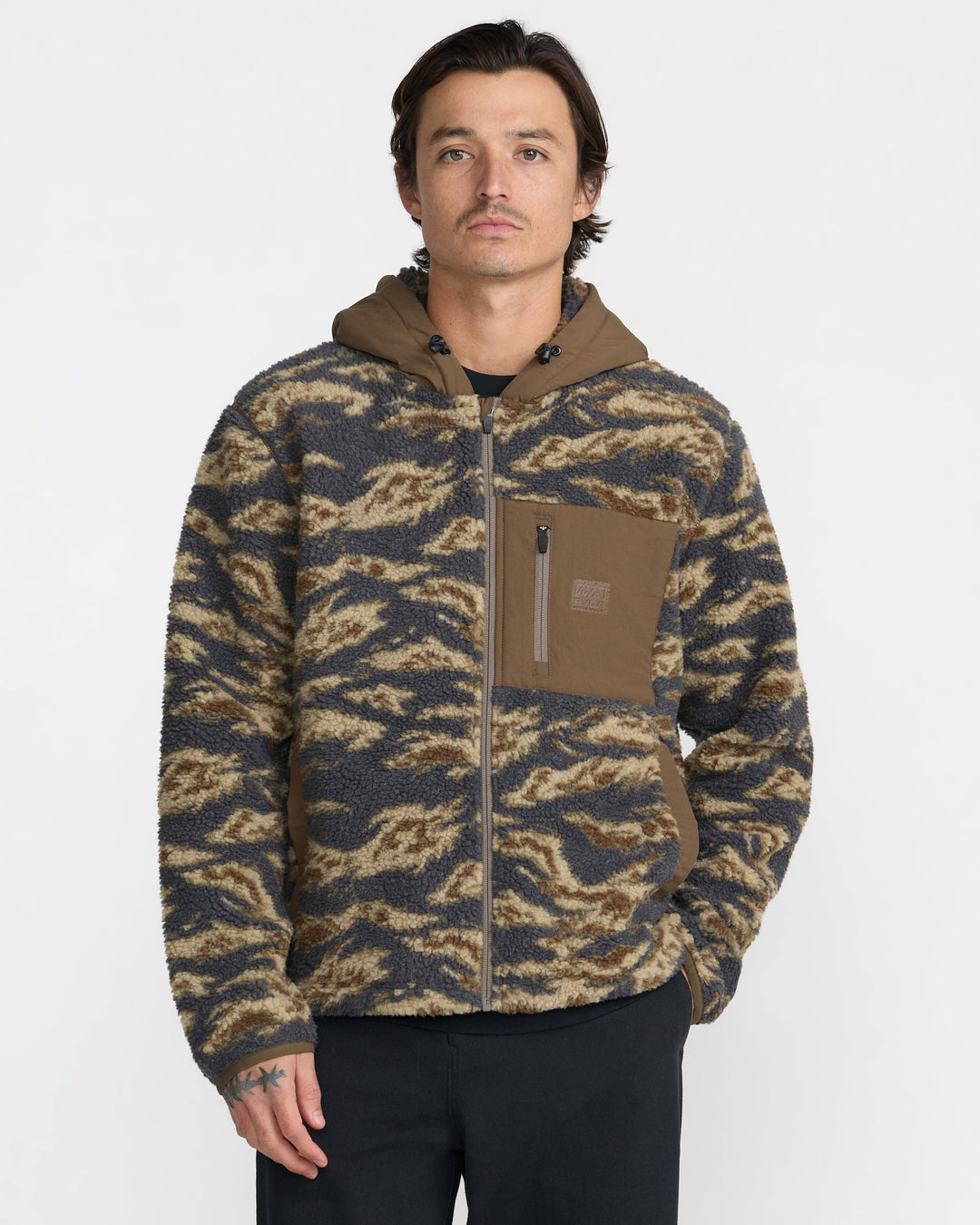 RVCA Men’s Del Mar Sherpa Zip in Tiger Camo, front view on model