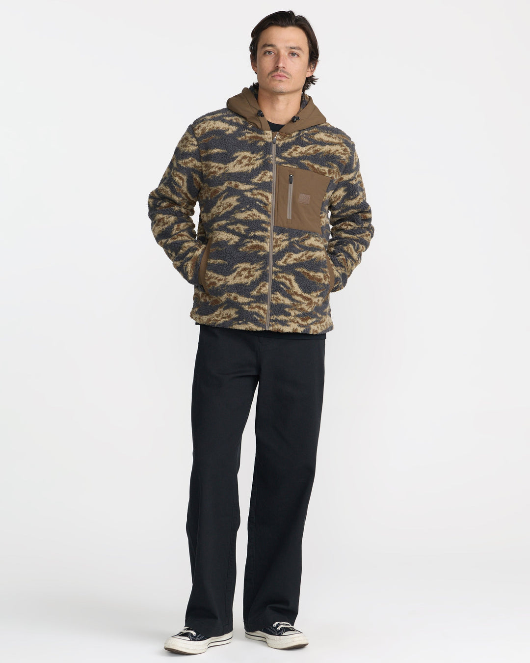 RVCA Men’s Del Mar Sherpa Zip in Tiger Camo, full-length styled view