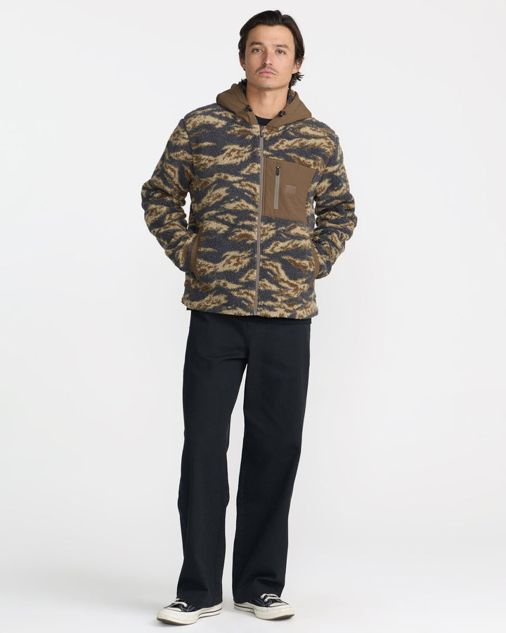 RVCA Men’s Del Mar Sherpa Zip in Tiger Camo, full-length styled view