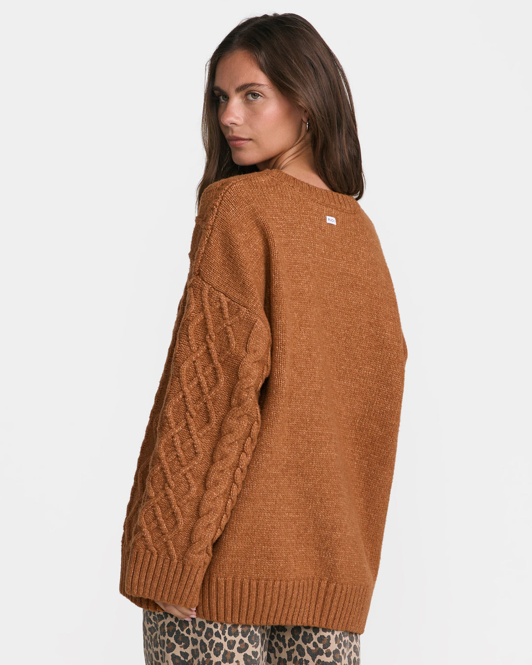 RVCA Women’s Emerson Oversized Sweater in Bombay Brown, back view on model