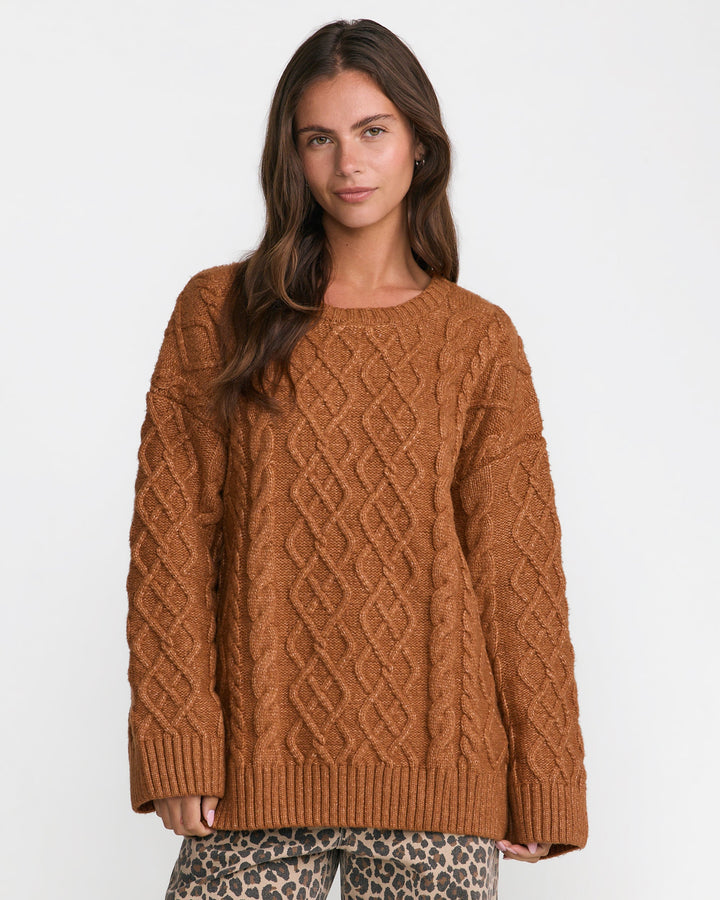 RVCA Women’s Emerson Oversized Sweater in Bombay Brown, front view on model