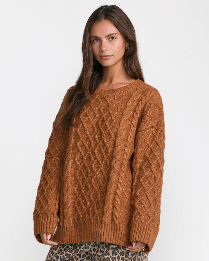 RVCA Women’s Emerson Oversized Sweater in Bombay Brown, side view on model