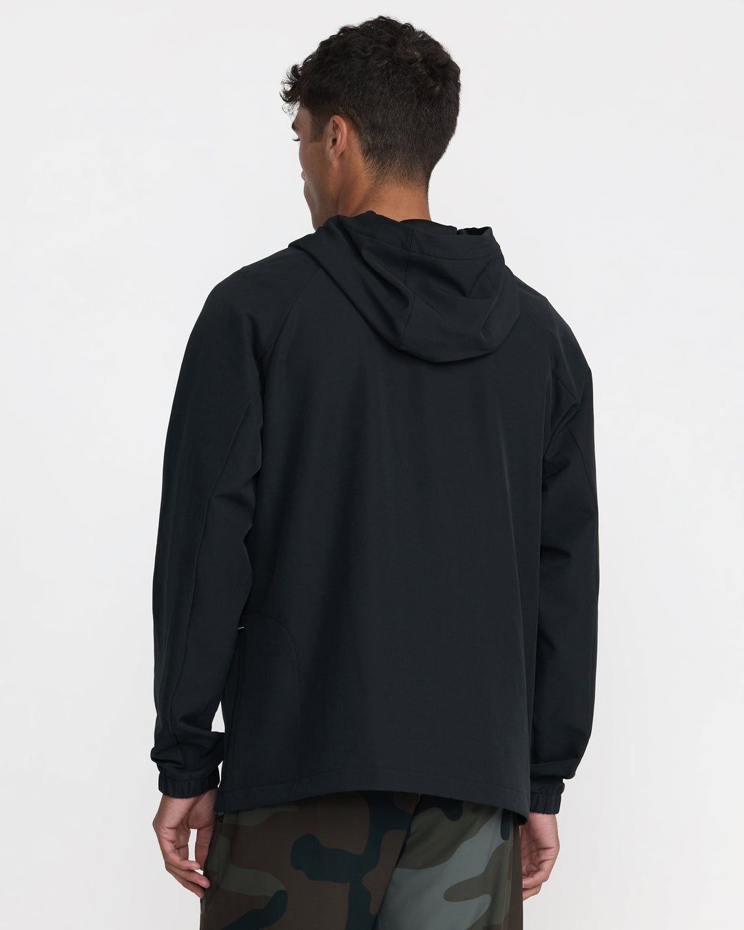 RVCA Men’s Canyon Ls Hood in Black, back view on model
