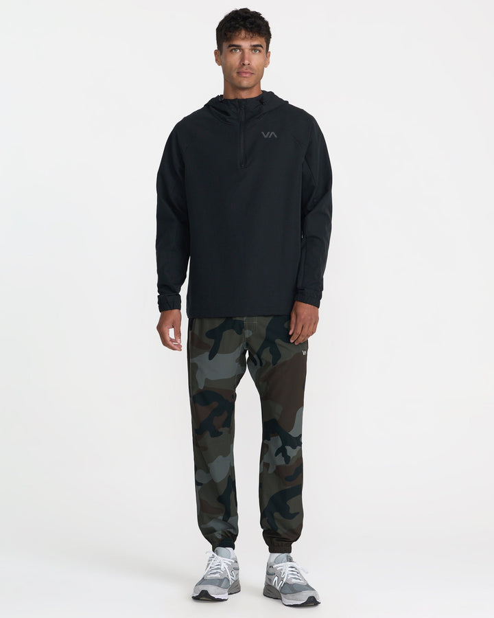 RVCA Men’s Canyon Ls Hood in Black, full-length styled view