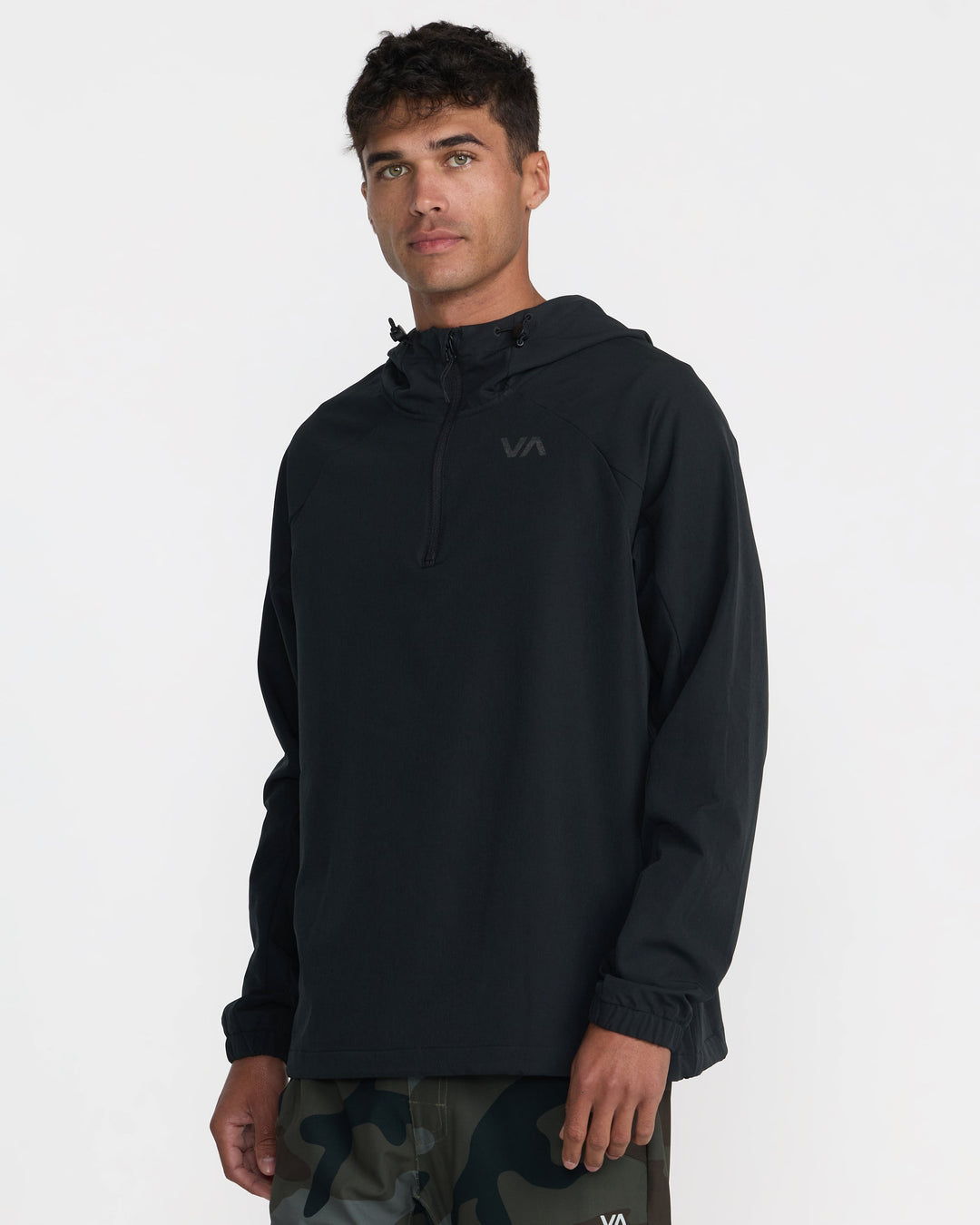 RVCA Men’s Canyon Ls Hood in Black, side view on model