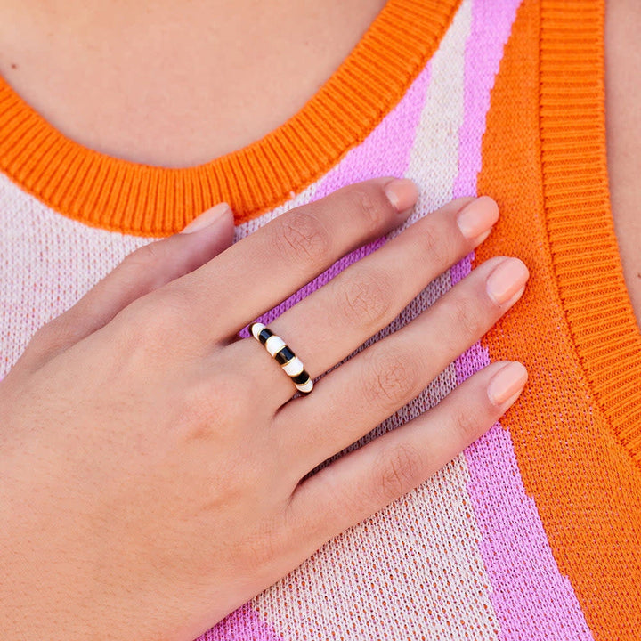 Pura Vida Striped Enamel Gold Ring | Black/White