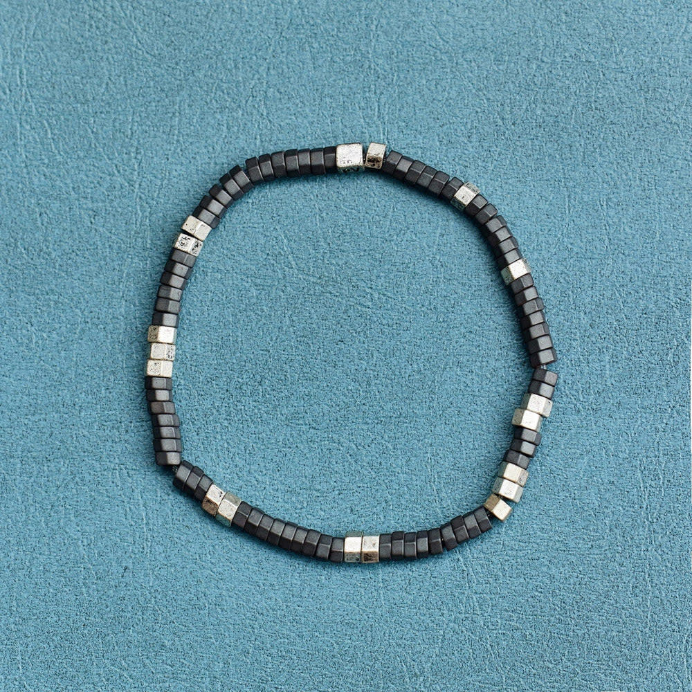 Pura Vida Men Faceted Pyrite Bead Stretch Bracelet | Silver