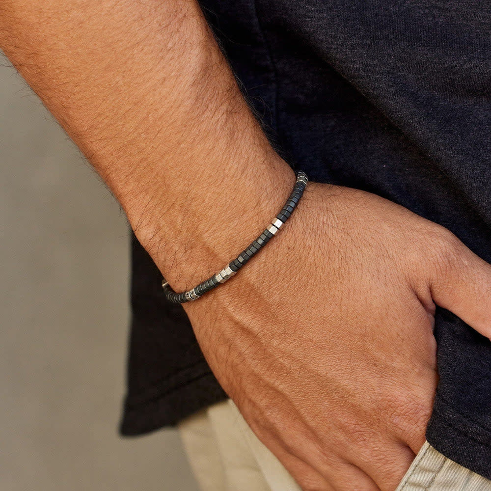 Pura Vida Men Faceted Pyrite Bead Stretch Bracelet | Silver