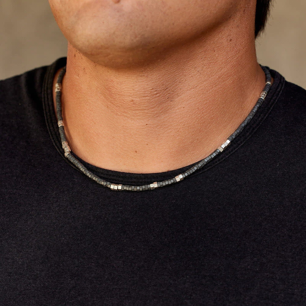Pura Vida Faceted Pyrite Bead Necklace (Mens) | Silver