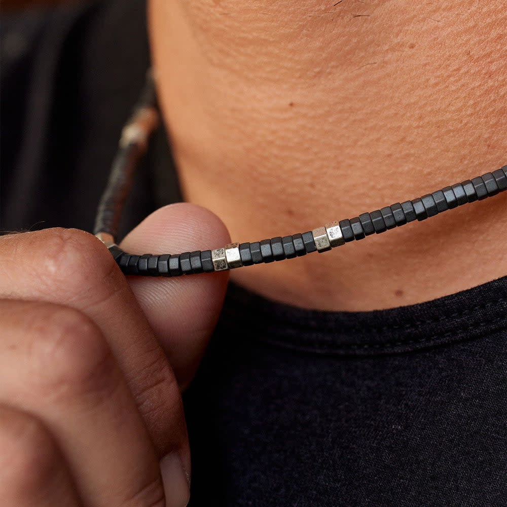 Pura Vida Faceted Pyrite Bead Necklace (Mens) | Silver