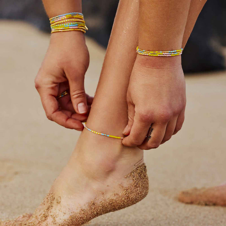 Pura Vida Mixed Seed Bead Gold Stretch Anklet | Sunset Beach