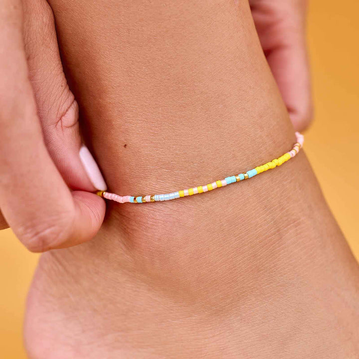Pura Vida Mixed Seed Bead Gold Stretch Anklet | Sunset Beach