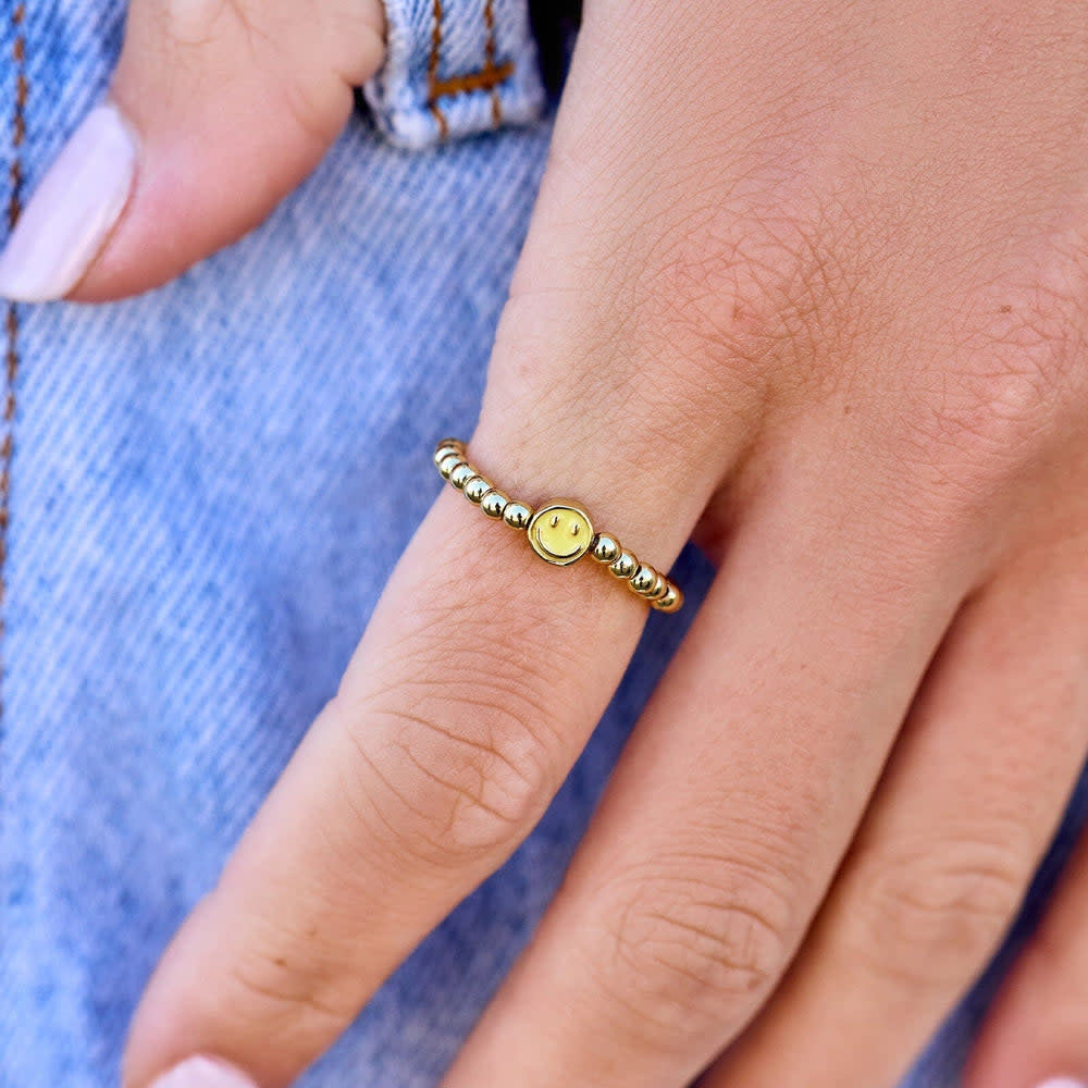 Pura Vida Happy Face Ball Bead Stretch Ring | Gold