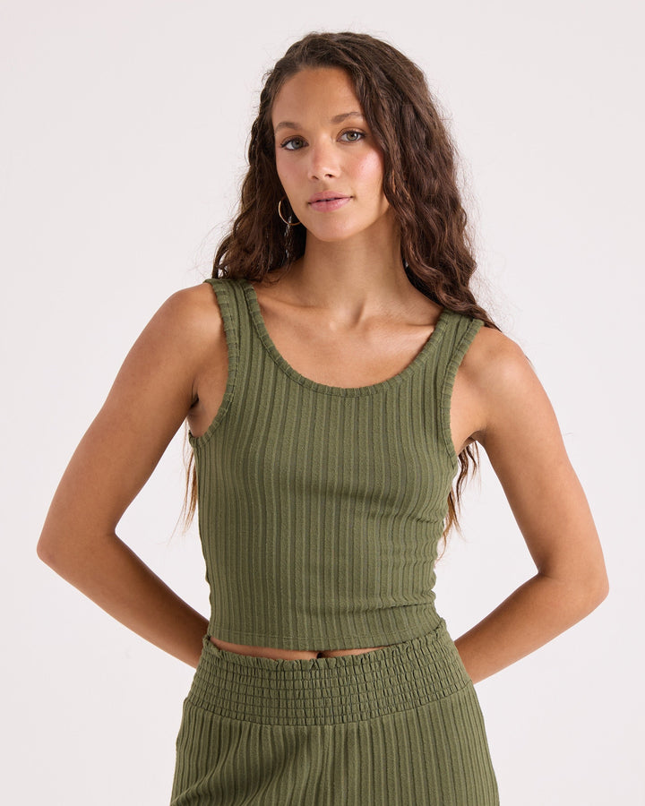 Volcom Womens Sun Lounge Bra Tank - Olive - front on-model view 