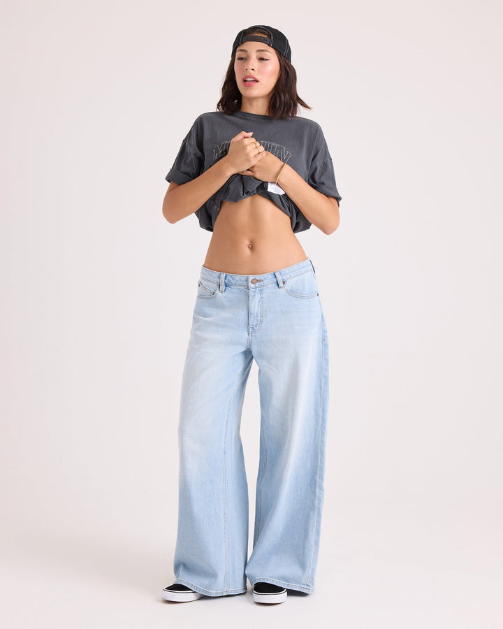 Volcom Womens Stoned Bf Lowrise Denim - White/Light Blue - front on-model view 