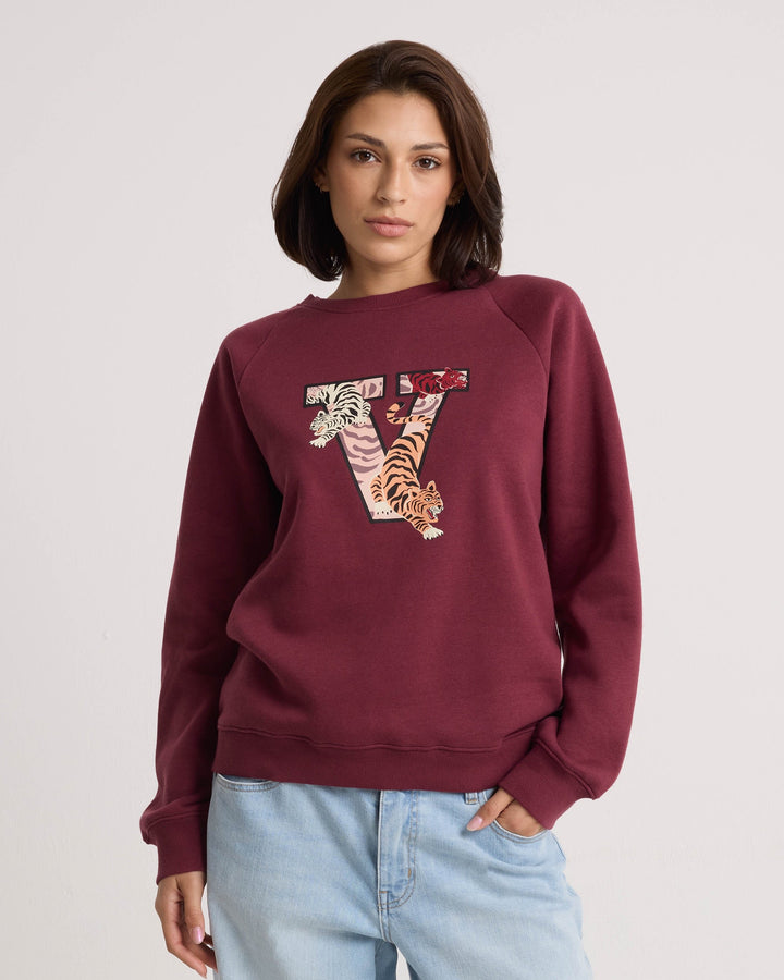 Volcom Womens Stone Magic Bf Crew - Burgundy - front on-model view 