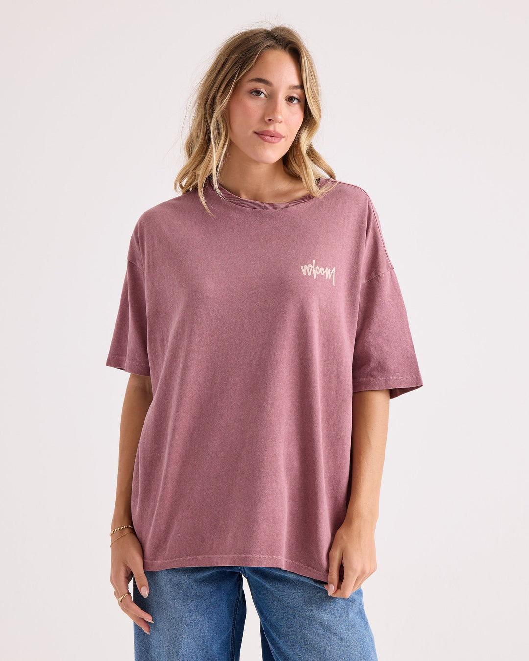 Volcom Womens Off The Grid Bad Boy Tee - Stone Rose - front on-model view 