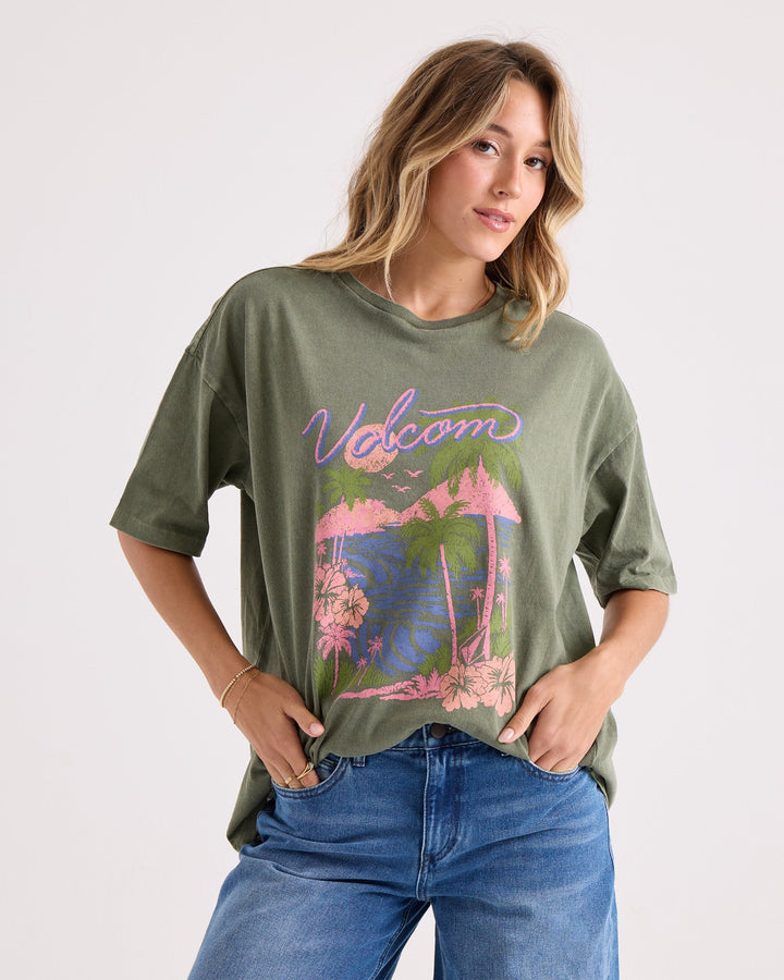 Volcom Womens Night Shade Bad Boy Tee - Martini Olive - front on-model view 