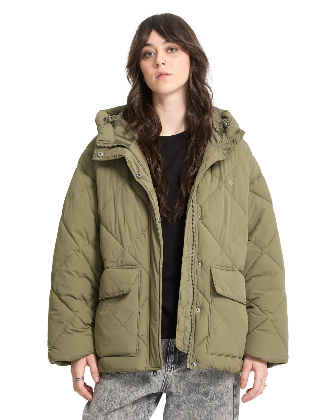 Volcom Womens Out Of Boxy Puff Jacket - Wintermoss - front on-model view 