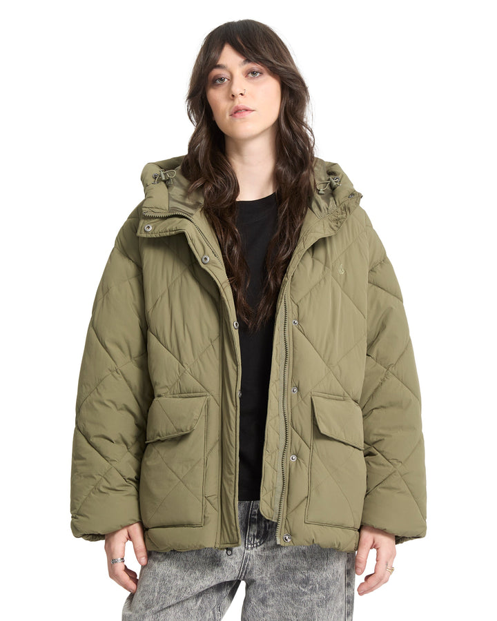 Volcom Womens Out Of Boxy Puff Jacket - Wintermoss - front on-model view 