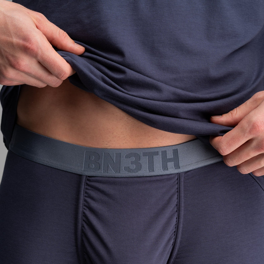 BN3TH Essentials Boxer Brief 2 Pack, Midnight Navy/Winter Town, Midnight Navy waistband and pouch detail on model 