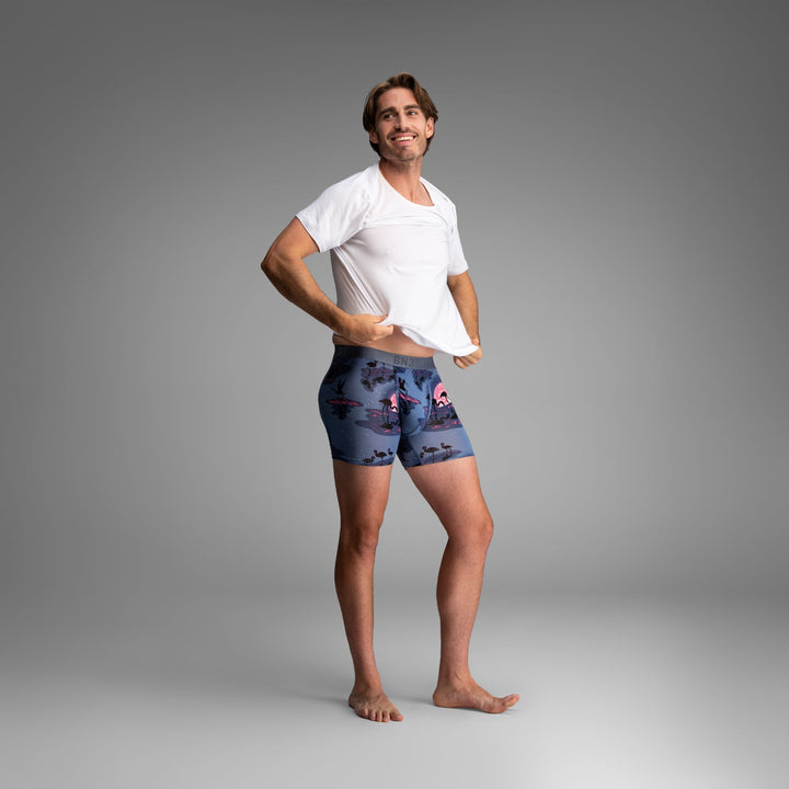 BN3TH Essentials Print Boxer Brief, Moonlight Flamingo Pink, three-quarter front on model 