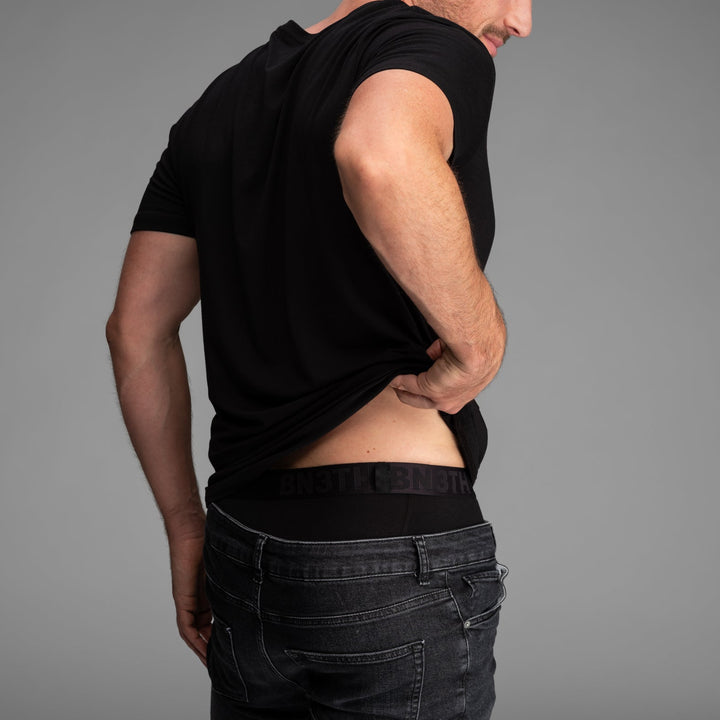 BN3TH Essentials Boxer Brief 2 Pack, Black/Palm Tree Horizon, Black waistband detail on model 