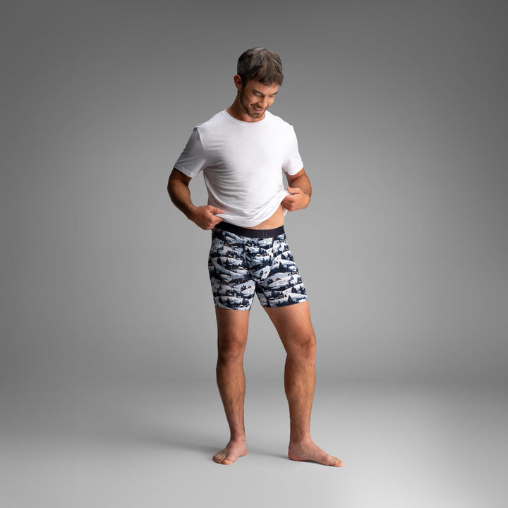 BN3TH Essentials Print Boxer Brief, Winter Town Blue, front on model 