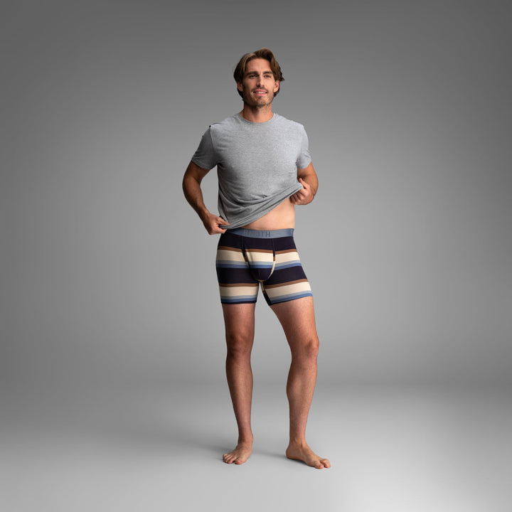 BN3TH Essentials Print Boxer Brief, Retro Wide Stripe Dark Navy, front on model 