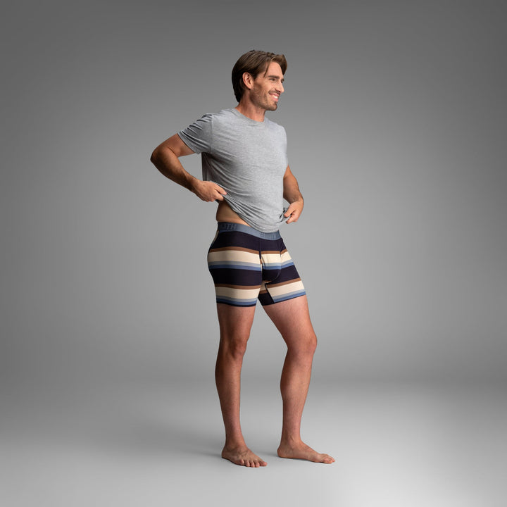 BN3TH Essentials Print Boxer Brief, Retro Wide Stripe Dark Navy, three-quarter front on model 