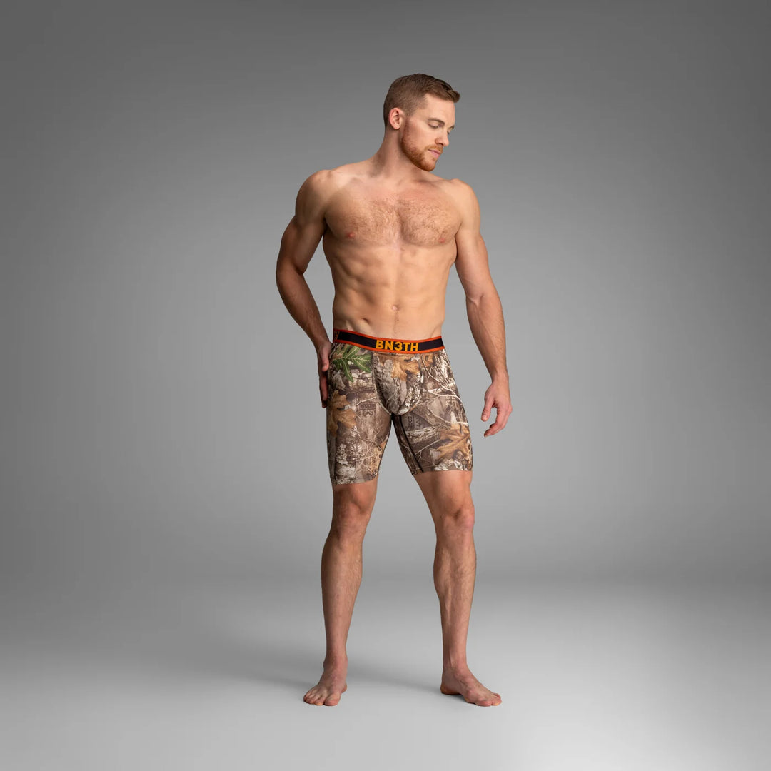 BN3TH Pro Flex Max boxer briefs, Real Tree Woodland, front on model 
