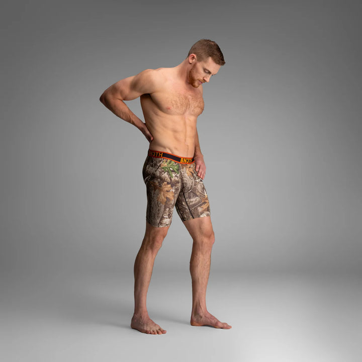 BN3TH Pro Flex Max boxer briefs, Real Tree Woodland, three quarter on model 