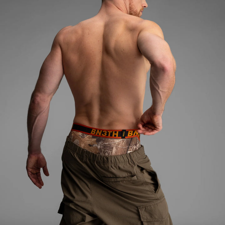 BN3TH Pro Flex Max boxer briefs, Real Tree Woodland, lifestyle detail on model 