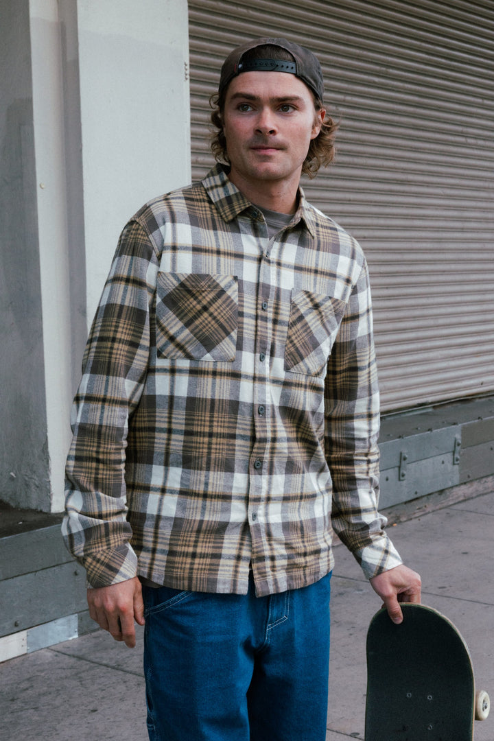686 Men’s SMARTY Headwall Flannel in Tan Plaid - front view on model